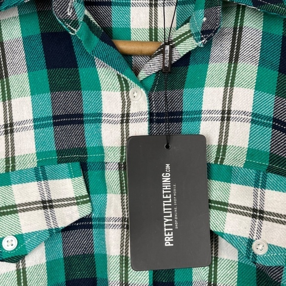 NWT PrettyLittleThings Green Check Oversized Long Sleeve Dad Shirt; One Size - Picture 5 of 10